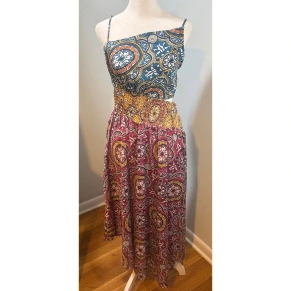 Anthropologie Cutout Smocked Midi Dress Size S Mixed Paisley Medallion Blue Pink - Picture 2 of 11